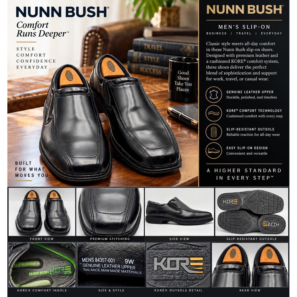 Nunn Bush KORE Mens Black Leather Slip On Loafers Bicycle Toe 84357-001 Size 9W